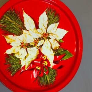 Red Vintage Tin Poinsettia Christmas Cookie Tray Decor.10.5" diameter.
